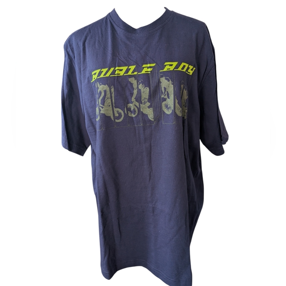 90s Vintage Y2K Mens Bugle Boy Blue Neon Bike Graphic T-Shirt Size L